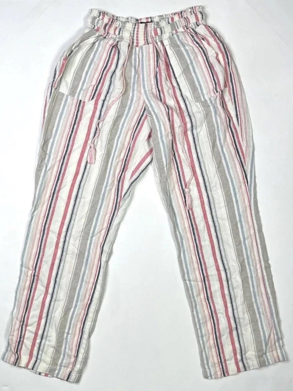 REWASH BRAND Women’s Large Linen-Blend Boho DRAWSTRING Stripes-pink,gray,white